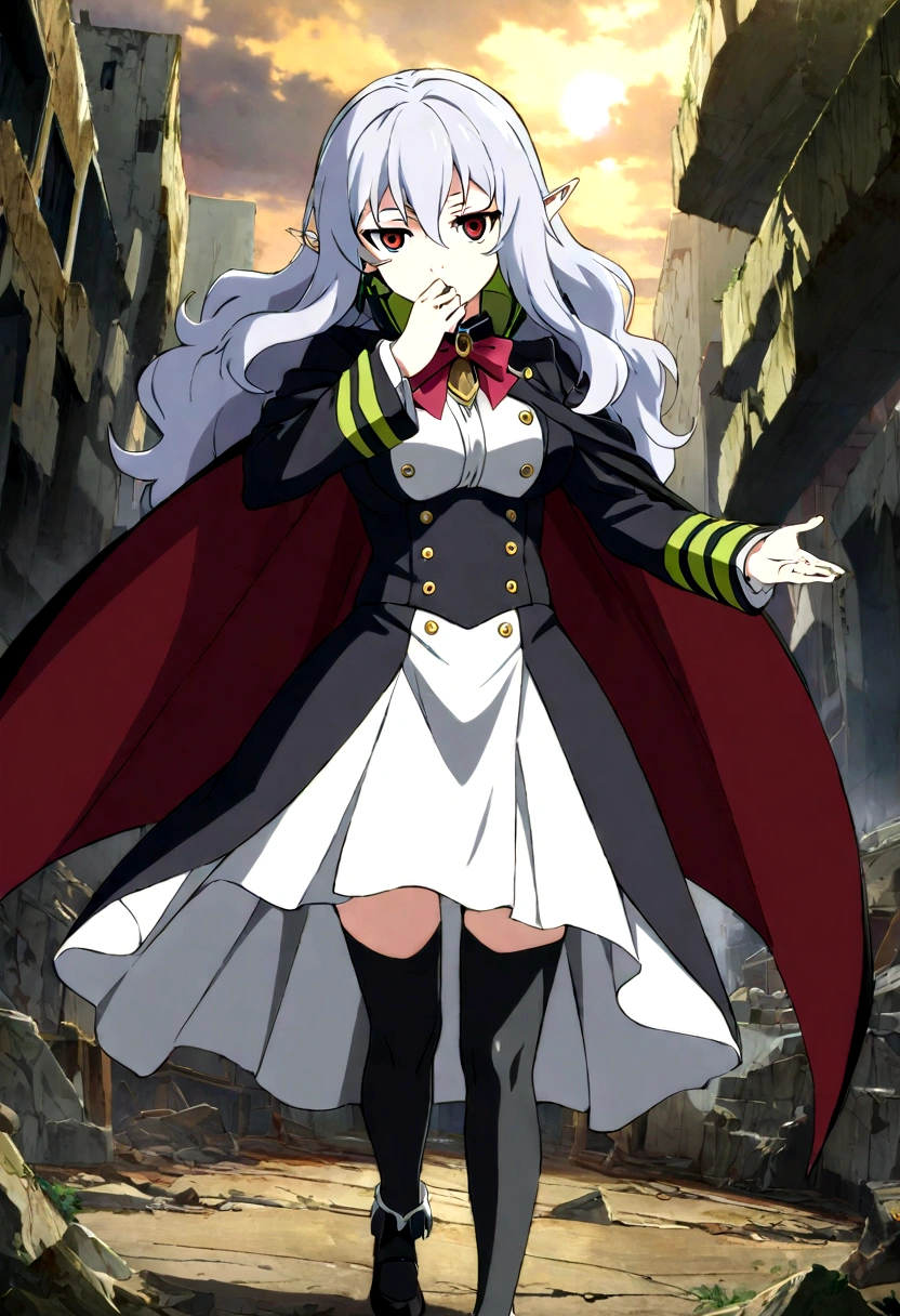 Anime. Owari no Seraph. 1 Girl. Dear . A vampire. Progenitor Clumsy. Silver hair. Wavy hair. Long hair. Red eyes. Beautiful eyes. Perfect eyes. Expressive eyes. Ideal face. Perfect body. Beautiful long ones. legs. Beautiful nose. 18 years. Big breasts. Standing. Full length Beautiful character design. Shiny skin. Cold. Runny nose. Nasal mucus. Snot. Wants to sneeze. She needs to sneeze. Strong, desperate desire to sneeze. She sneezes. She sneezes, covering her nose with her hands. Handkerchief. Blows his nose. Snot flows from the nose. Pointy ears. White dress. Vampire uniform dress from
Owari no Seraph. Black stockings. Heeled shoes. Rapier in right hand. Left hand with a handkerchief near the face. Ruins of Tokyo. Full body. NSF. Official art. Extremely detailed CG Unity 8k wallpaper. Ideal lighting. Ultra high resolution 4K. Super detailed 8K. A high resolution.