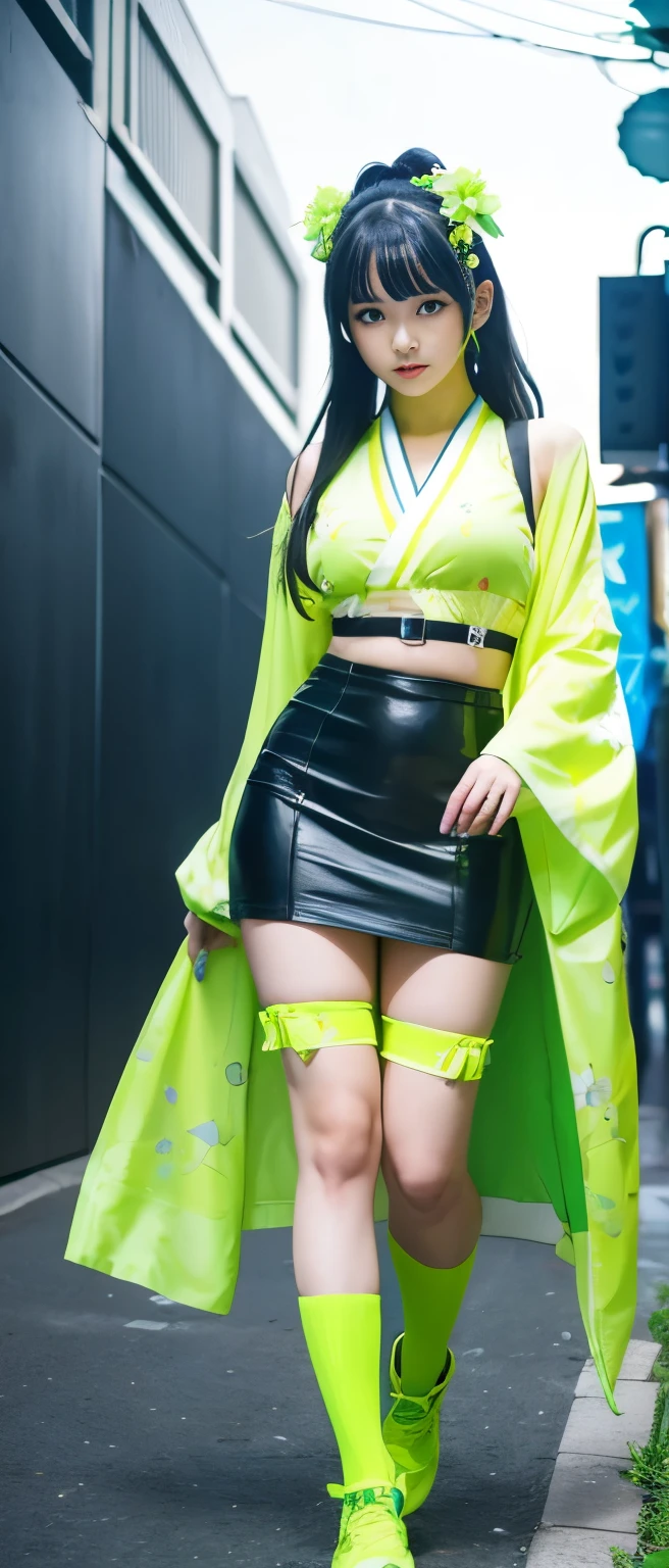 A cute and mysterious cyber idol girl、whole body、Good style、、、、、、、、、、Thick legs、、Yellow and fluorescent green floral cyberpunk kimono、Neat and clean idol face、、
