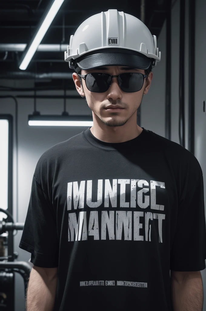imageio: A black shirt with artwork related to industrial maintenance.
symbol: A stylized gear in shades of gray or silver, positioned close to the left chest of the shirt.
texto: Just below the gear, in robust and readable font, is written "Industrial Maintenance" in white or silver letters, highlighted against the black background of the shirt.
styled: Gear and text are harmoniously integrated, occupying a small, centralized space at the top of the shirt chest.
Finishing: Art should be clear and easy to read, maintaining a professional and technical style appropriate to the theme of industrial maintenance.