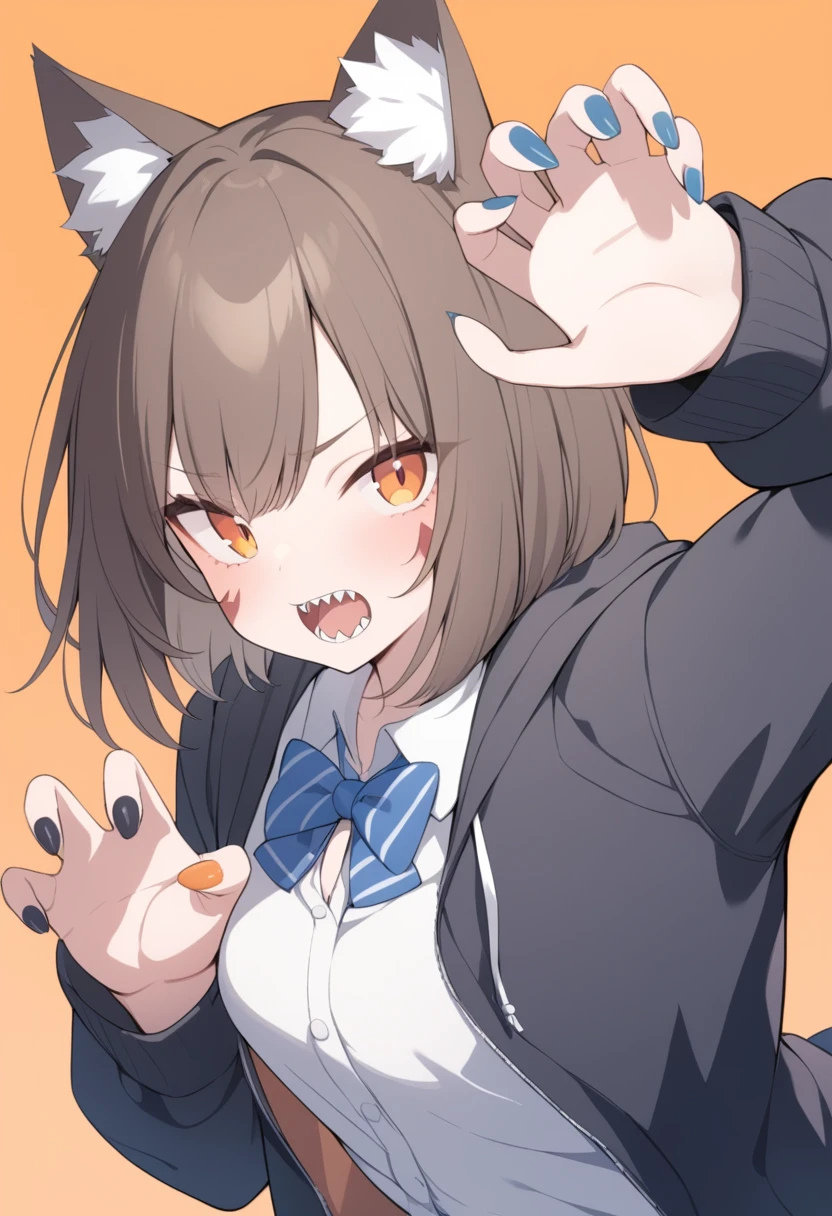Masterpiece, Best Quality,
1 girl, Alone, animal ears, bow, teeth, Jacket, cola, Open mouth, Brown hair, orange background, bowtie, nails naranjas, simple background, cat ears, orange eyes, blue bow, animal ear fluff, cat cola, looking at the viewer, Upper part of the body, shirt, , hood, striped bow, striped, white shirt, black Jacket, blue bowtie, nails, long sleeves, cat girl, hits, fangs, collared shirt, striped bowtie, short hair, language, hoodie, sharp teeth, facial mark, claw pose
