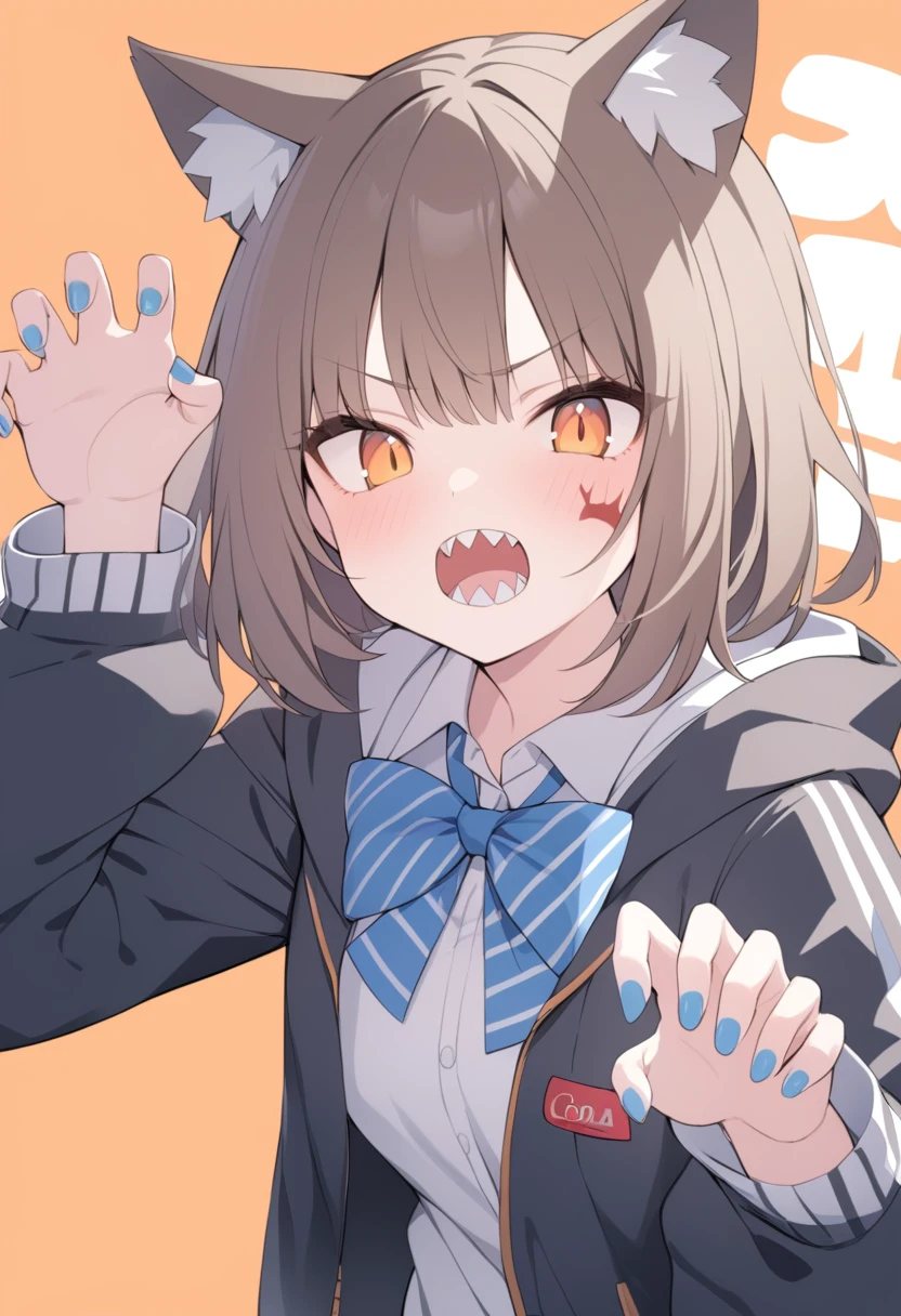 Masterpiece, Best Quality,
1 girl, Alone, animal ears, bow, teeth, Jacket, cola, Open mouth, Brown hair, orange background, bowtie, nails naranjas, simple background, cat ears, orange eyes, blue bow, animal ear fluff, cat cola, looking at the viewer, Upper part of the body, shirt, , hood, striped bow, striped, white shirt, black Jacket, blue bowtie, nails, long sleeves, cat girl, hits, fangs, collared shirt, striped bowtie, short hair, language, hoodie, sharp teeth, facial mark, claw pose