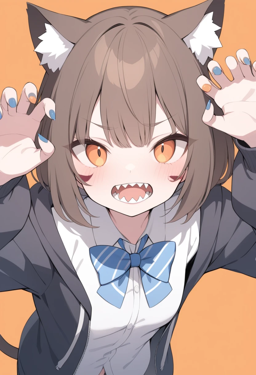 Masterpiece, Best Quality,
1 girl, Alone, animal ears, bow, teeth, Jacket, cola, Open mouth, Brown hair, orange background, bowtie, nails naranjas, simple background, cat ears, orange eyes, blue bow, animal ear fluff, cat cola, looking at the viewer, Upper part of the body, shirt, , hood, striped bow, striped, white shirt, black Jacket, blue bowtie, nails, long sleeves, cat girl, hits, fangs, collared shirt, striped bowtie, short hair, language, hoodie, sharp teeth, facial mark, claw pose