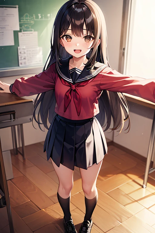 masterpiece, extra limbs, 1 girl,14years old, black long straight hair, (tareme:1.5 brown eyes), (((delighted))), white seifuku,spread arms,standing, classroom,full body