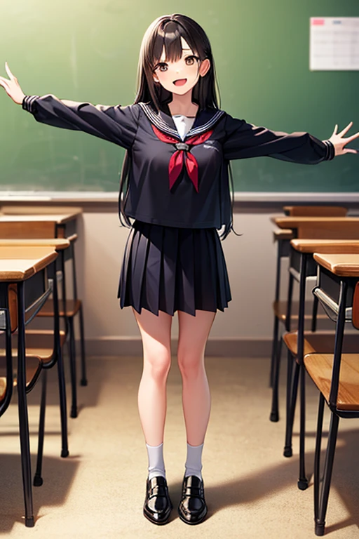 masterpiece, extra limbs, 1 girl,14years old, black long straight hair, (tareme:1.5 brown eyes), (((delighted))), white seifuku,spread arms,standing, classroom,full body