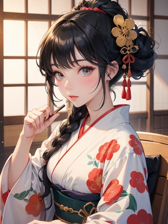 (Highest quality、masterpiece、High resolution、8K)、Ukiyo-e、Utamaro、Vibrant colors、A town girl from the Edo period、whole body、Utamaroの絵のモデル,Her hair is black and beautifully tied in a round topknot.、Decoration、The kimono is a Japanese style outfit with a colorful floral pattern.、Sitting upright 、Applying lipstick to one&#39;s lips、lips ajar、Official Art、Japanese-style room、It is a tatami room.There is a candle light placed、