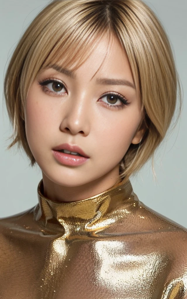 gyaru, shiny oiled skin, short cut hair, face close up, crying