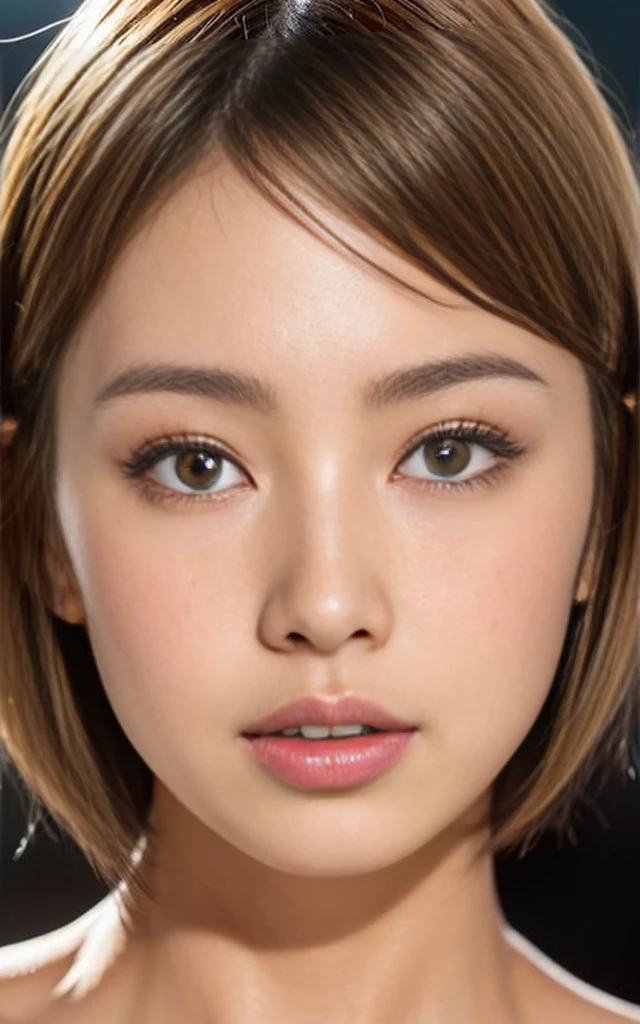 gyaru, shiny oiled skin, short cut hair, face close up, crying
