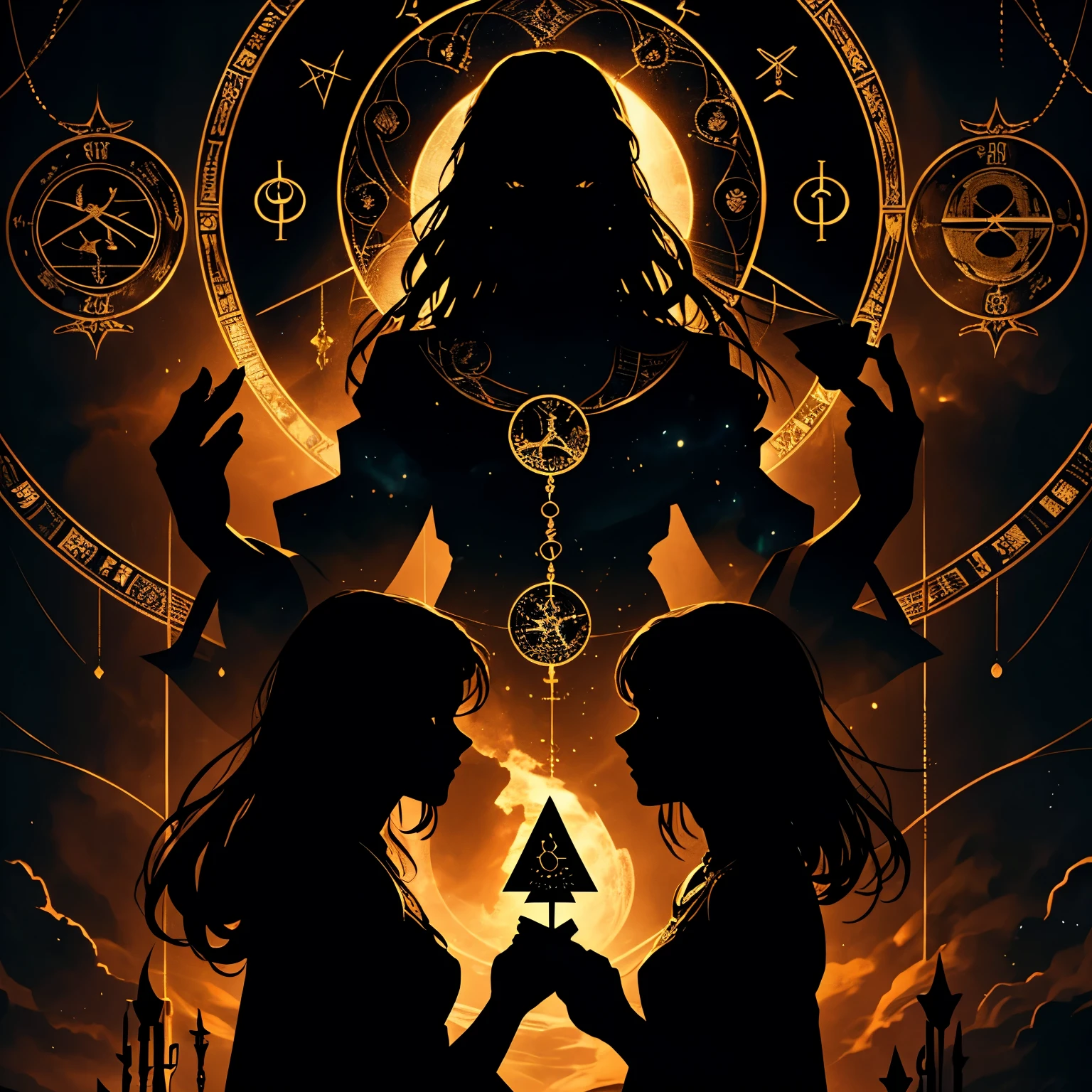 a woman reading tarot cards in a dimly lit occult shop, astrological horoscope symbols floating in the air, silhouette art, intricate details, dramatic lighting, moody atmosphere, deep tones, cinematic, photorealistic, award winning photograph