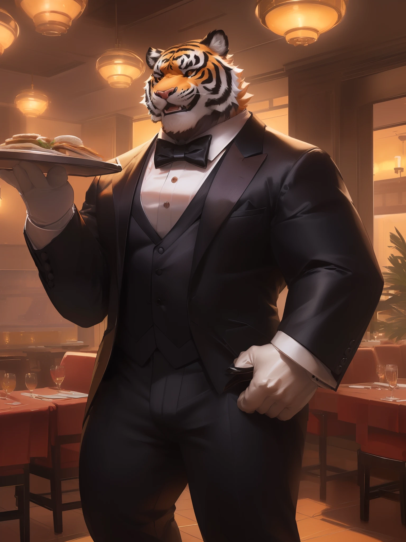 lindong, lucusols, furry tiger wearing ((tuxedo:1.2)), waiters, restaurant, happy, elegant , thicc, lowres, danbooru and artstation, heavy detailed, insanely inflated hips, proportionally arms, commission for high res, detailed but rough, semirealistic:1.3