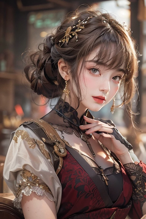 (masterpiece:1.3), (8K, Realistic, RAW Photos, Best image quality: 1.4), Japanese 、18-year-old,(Random Hairstyles:1.2)、Cleavage:1.2、Highly detailed face、Attention to detail、double eyelid、Chest to chest、Sharp focus:1.2、Beautiful woman:1.4、Light brown hair、Highest quality、masterpiece、Ultra-high resolution、(Realistic:1.4)、Highly detailed and professionally lit smiles、Loose fitting steampunk outfit、Shoulder out、thin、Serious expression、Eating fruit in a dark bar
