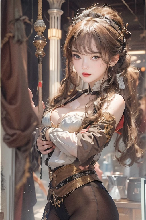 (masterpiece:1.3), (8K, Realistic, RAW Photos, Best image quality: 1.4), Japanese 、18-year-old,(Random Hairstyles:1.2)、Cleavage:1.2、Highly detailed face、Attention to detail、double eyelid、Chest to chest、Sharp focus:1.2、Beautiful woman:1.4、Light brown hair、Highest quality、masterpiece、Ultra-high resolution、(Realistic:1.4)、Highly detailed and professionally lit smiles、Loose fitting steampunk outfit、Shoulder out、thin、Serious expression、Eating fruit in a dark bar