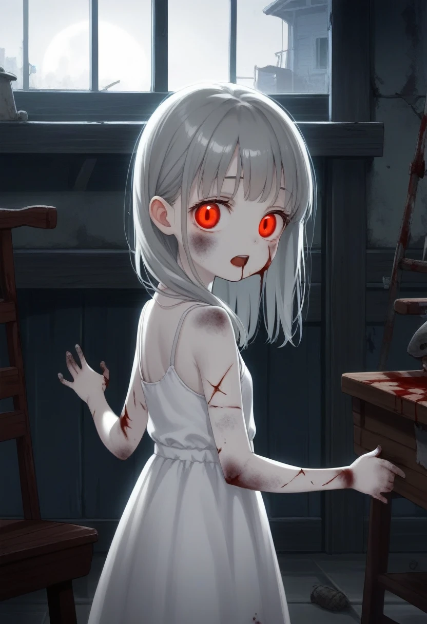 score_9, source_anime, anime_coloring, anime_screencap, zombie, undead, pale skin, 1girl, solo, long hair, glowing red eyes, sleeveless white dress, bare shoulders, collarbone, upper body, dirty clothes, (looking back:1.3), open mouth, bloody mouth, small breasts, skindentation, outstretched hands, five fingers, perfect hands, perfect anatomy, masterpiece, amazing quality, best quality, detailed, stiched skin, body scars, (very young child:1.3), (tiny, petite:1.3), at night, (indoors, Abandoned House, moonlight:1.2)