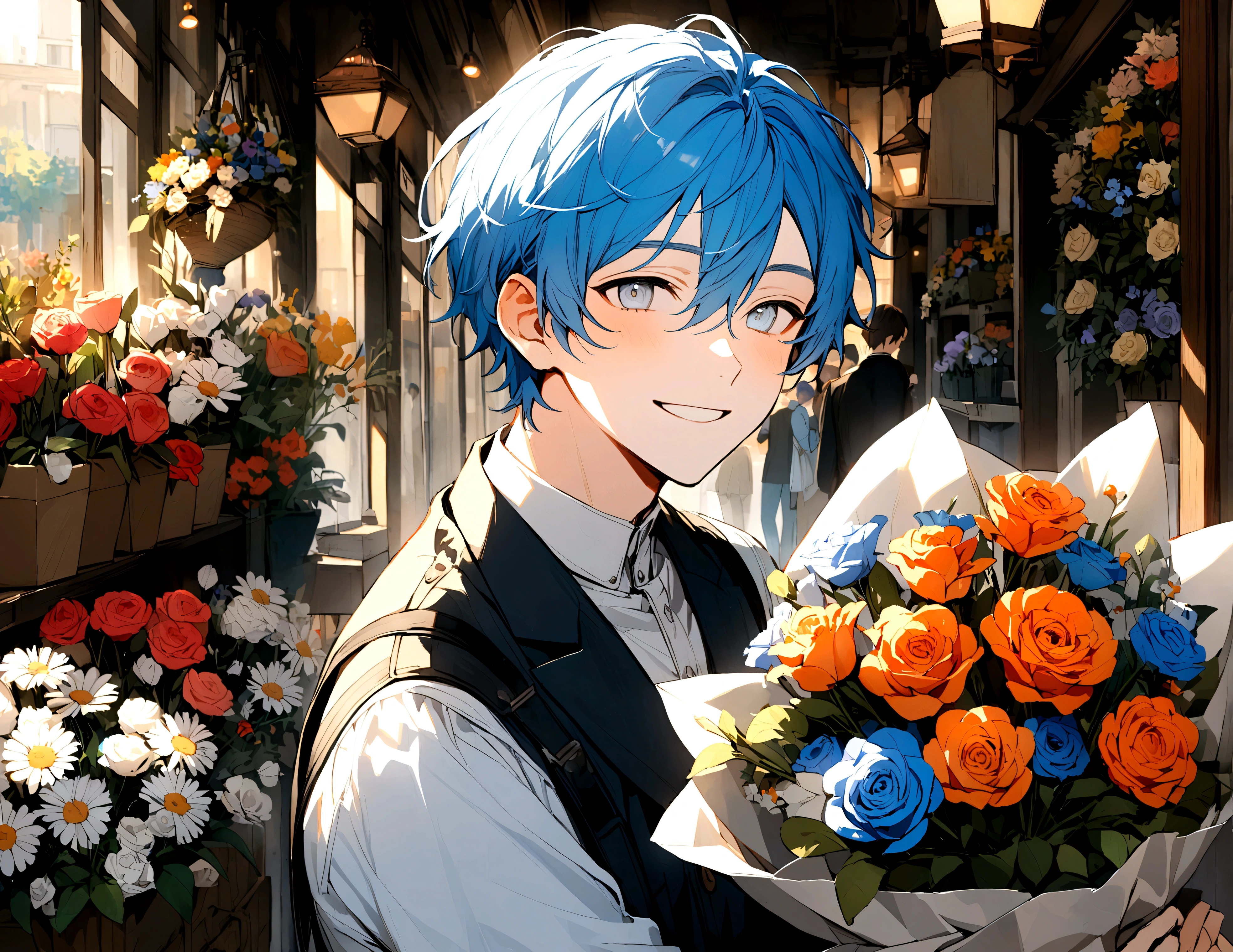 A young man, Blue hair color with light blue ends, smiling, Silver eye color, bouquet of flowers, flower shop