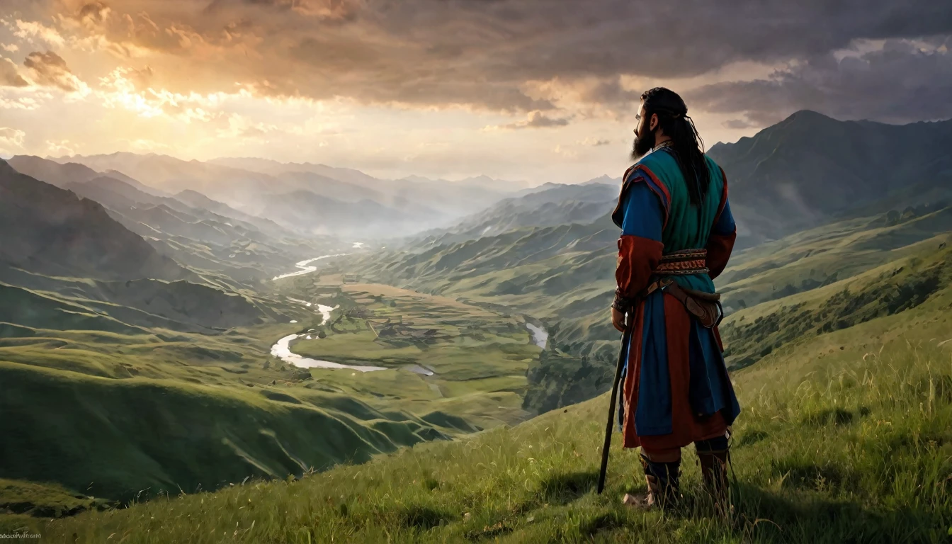 man, with black beard, dressed in tunics of an ancient ethnic group from Jeruzalen, looking at a beautiful valley, while the wind moves the grasslands, dawn sky, mountains in the distance, ethereal atmosphere, cinematic lighting, photorealistic, ( best quality, 8k, high resolution, masterpiece: 1.2), ultra detailed, realistic, photorealistic: 1.37, spectacular lighting, moody, fantasy, concept art