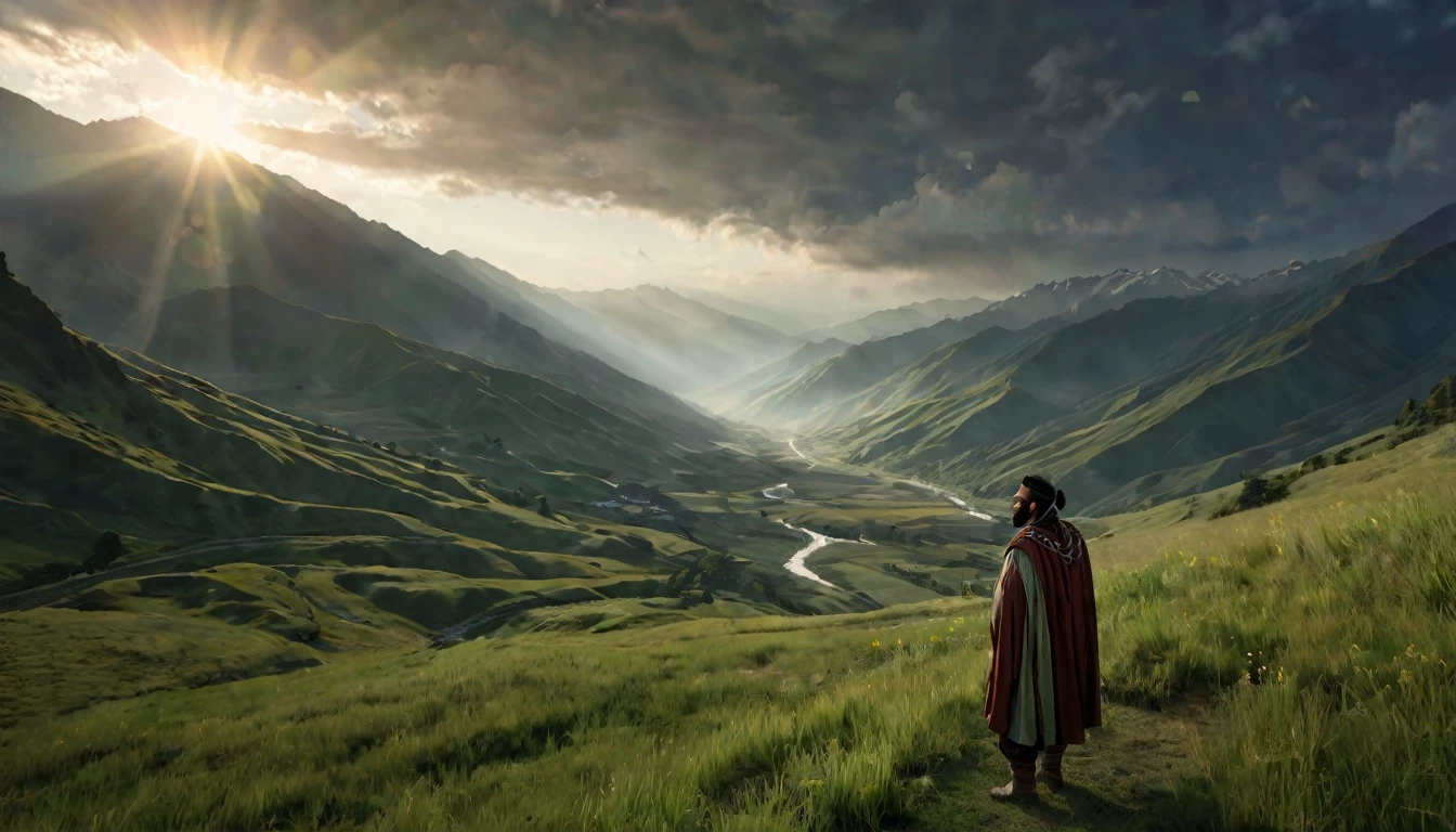 man, with black beard, dressed in tunics of an ancient ethnic group from Jeruzalen, looking at a beautiful valley, while the wind moves the grasslands, dawn sky, mountains in the distance, ethereal atmosphere, cinematic lighting, photorealistic, ( best quality, 8k, high resolution, masterpiece: 1.2), ultra detailed, realistic, photorealistic: 1.37, spectacular lighting, moody, fantasy, concept art