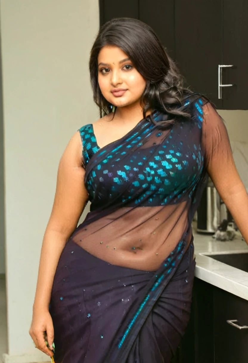 Indian chubby curvy girl with indian skin tone and black oiled hair in kitchen cleaning wearing saree