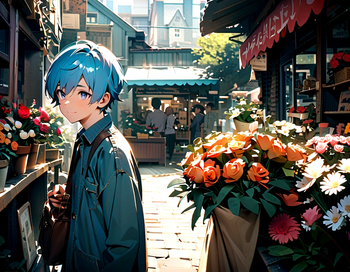 A young man, Blue Hair,Light blue hair ends, Smile, Silver eye color, A bouquet of flowers, flower shop