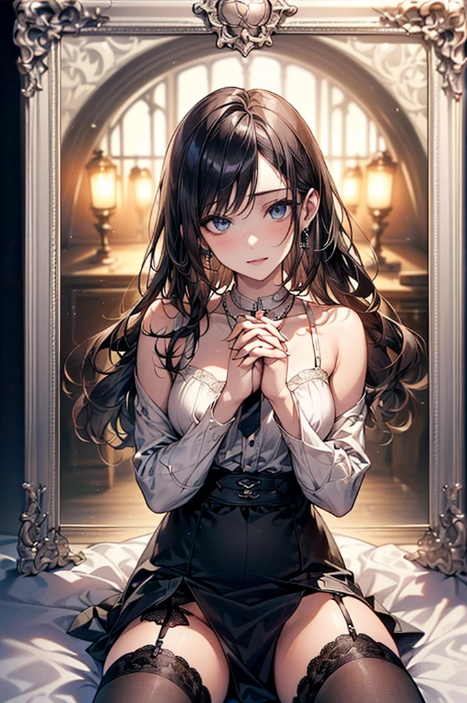 ((Biologically correct limb count))、(( Full-body photo including face))、4K、((Standing position))、masterpiece、((Focus on the face))、((Symmetrical facial features))、Eye for detailed depiction、Beautiful blue-haired woman、Excellent style、Beautiful clavicle、Beautiful feet、Beautiful Hands、Slender body、(Black Stockings、garter belt、High heels)、Facial detailing、Small earrings、necklace、(No sleeve、red gothic dress)、tie、sunny、(((Photo frame with white border)))、Seductive posture、((She is sitting with her buttocks thrust back and her upper body arched, looking up.))、Looking at the night view、(Low - Angle、A camera angle that captures the inside of a skirt from below)、(((Black Hair、Silver Hair)))、(((Moments of ecstasy)))、((Face forward and stick your chin out))、Close-up photo of the upper body、(Place your hands between your legs:2)
