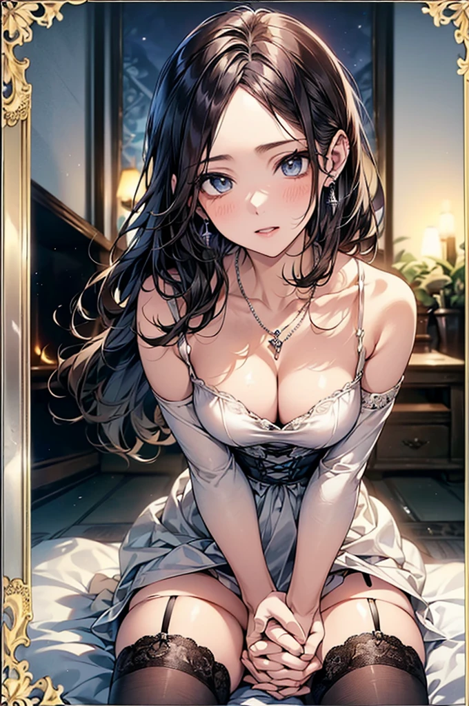 ((Biologically correct limb count))、(( Full-body photo including face))、4K、((Standing position))、masterpiece、((Focus on the face))、((Symmetrical facial features))、Eye for detailed depiction、Beautiful blue-haired woman、Excellent style、Beautiful clavicle、Beautiful feet、Beautiful Hands、Slender body、(Black Stockings、garter belt、High heels)、Facial detailing、Small earrings、necklace、(No sleeve、red gothic dress)、tie、sunny、(((Photo frame with white border)))、Seductive posture、((She is sitting with her buttocks thrust back and her upper body arched, looking up.))、Looking at the night view、(Low - Angle、A camera angle that captures the inside of a skirt from below)、(((Black Hair、Silver Hair)))、(((Moments of ecstasy)))、((Face forward and stick your chin out))、Close-up photo of the upper body、(Place your hands between your legs:2)