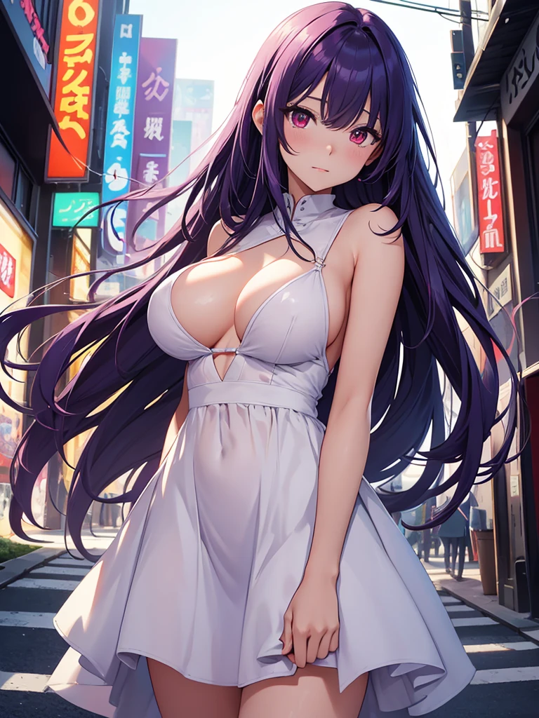 (Highest quality: 0.8), (Highest quality: 0.8), Perfect anime illustration, Close up portrait of beautiful woman walking in city。Very long purple hair、Large Breasts、赤面したRed eyes。 (((Browsing Caution))) Transparent white dress、Neon night city、Ultra-detailed、Ultra-detailed顔、Bright Eyes、Galaxy in the eye、Absurdな4kフルHD、pixiv Top、Very well done、Red eyes、Download file、Huge areola、erection (Love Juice 1;4) Absurd