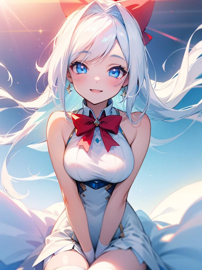1 woman,(High resolution images),(Sunlight4K),I have white hair.,cute,Smiling, turning towards the camera,wearing a ,Beautiful blue eyes sparkling,Put on white stockings,long hair,Wear a red bow on the white side.,