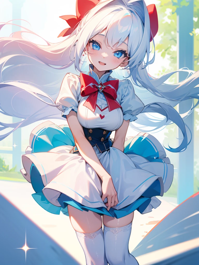 1 woman,(High resolution images),(Sunlight4K),I have white hair.,cute,Smiling, turning towards the camera,wearing a ,Beautiful blue eyes sparkling,Put on white stockings,long hair,Wear a red bow on the white side.,