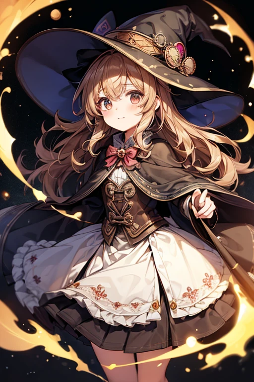 (highest quality:1.5)。steampunkai。One Girl。little cute witch。long light brown fluffy hair。Witch hat and witch outfit。See who's watching。(smile)。Carry a broom on your shoulder。Walking with a lantern in one hand。(The background is a night road illuminated by the full moon)。
