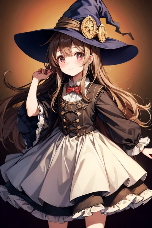 (highest quality:1.5)。steampunkai。One Girl。little cute witch。long light brown fluffy hair。Witch hat and witch outfit。See who's watching。(smile)。Carry a broom on your shoulder。Walking with a lantern in one hand。(The background is a night road illuminated by the full moon)。