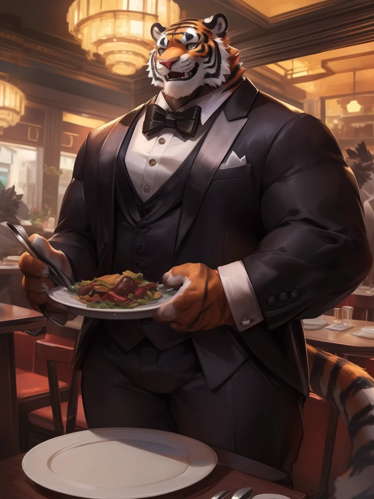 lindong, lucusols, furry tiger wearing ((tuxedo:1.2)), waiters, restaurant, happy, elegant , thicc, lowres, danbooru and artstation, heavy detailed, insanely inflated hips, proportionally arms, commission for high res, detailed but rough, semirealistic:1.3
