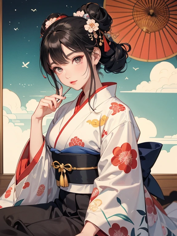 (Highest quality、masterpiece、High resolution、8K)、Ukiyo-e、Utamaro、Vibrant colors、A town girl from the Edo period、whole body、Utamaroの絵のモデル,Her hair is black and beautifully tied in a round topknot.、Decoration、The kimono is a Japanese style outfit with a colorful floral pattern.、Sitting upright 、Applying lipstick to one&#39;s lips、lips ajar、Official Art、Japanese-style room、It is a tatami room.There is a lantern placed、