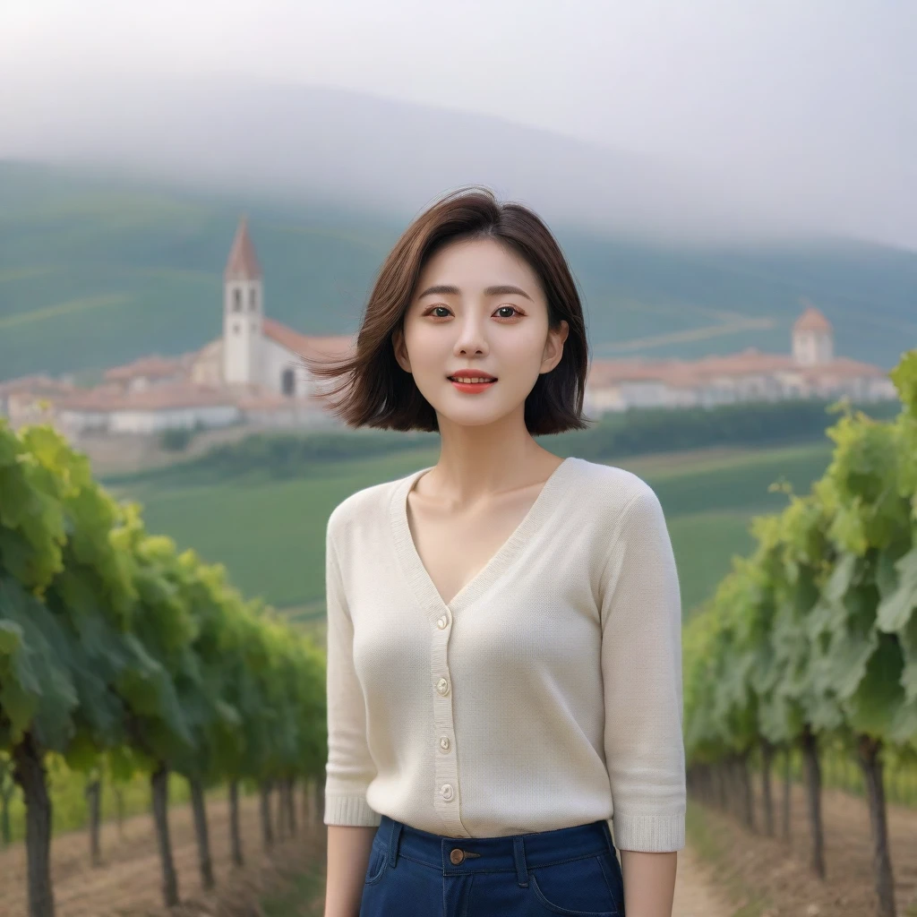 k Best picture quality, Beautiful 36-year-old Korean woman, You have good skin and big and pretty eyes... clear and nice weather. Chest size 34 inches, italian countryside, past the vineyard, The cathedral can be seen in the distance in thick fog.., The back background is realistic and vivid quality., Short and medium hair blowing in the wind, Wear a short cardigan neatly over a short-sleeved knit top that goes up to your neck.. casual pants, laugh. the background is clear, Short and slim Korean woman, stand far away, Photo taken with a wide-angle lens, One woman with big and pretty eyes, eyes are round and big
