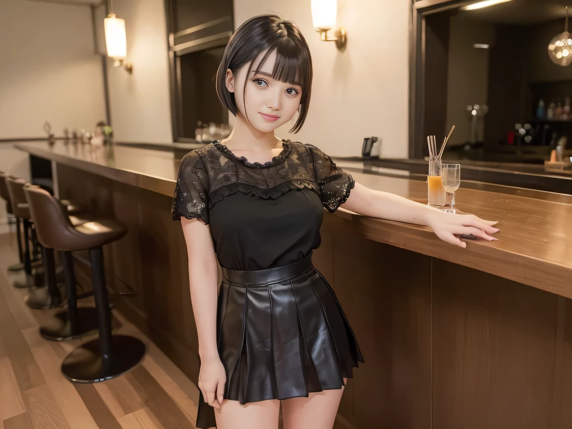 (Highest quality, masterpiece, Ultra-high resolution, 8K, RAW Photos, Realistic, Anatomically correct:1.5), 20-year-old girl:1.2, Embarrassing, avert your eyes, blush:1.0, View Viewer, ((Bar Lounge)) 、Night view、 Light:1.2, Bokeh, Cinema Lighting:1.0, Depth of written boundary, sharp、 Cute face、Idol、Black short sleeve lace top、Black pleated skirt、Black clothing、”dwarf”、(Floral clothes)、(Full Body Shot)、Side angle、Cowboy Shot、 smile、(Ultra short hair)、(Short bob cut)、(Straight bangs)、((See-through))、(( One Girl))、Large Breasts、