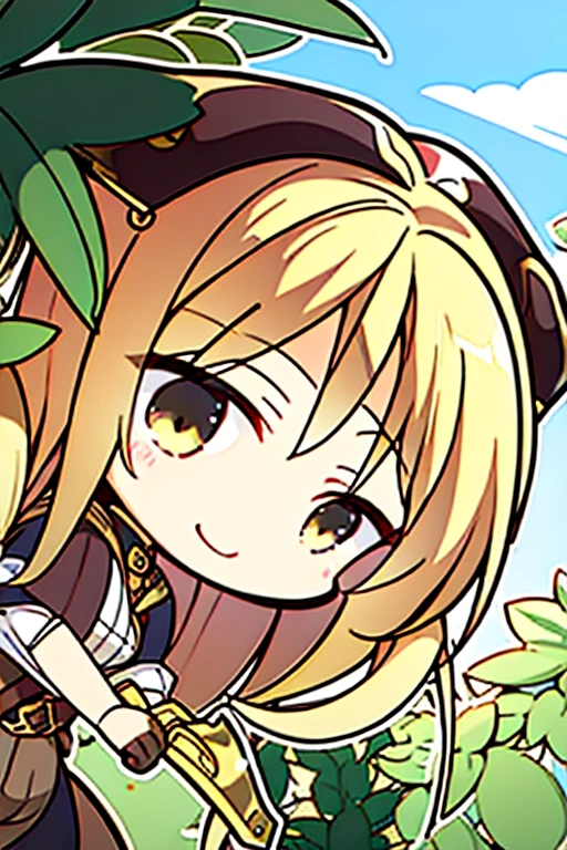 perfect face, perfect hands.. A blonde haired female angel with hazel eyes and golden wings in a conservative pirate captain's outfit is cutting down vegetation with a machete in a tropical jungle with a big smile