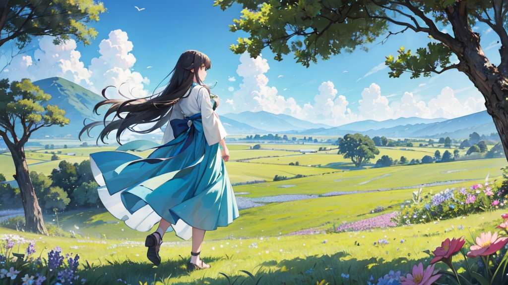 Refreshing grasslands, plateaus, trees swaying in the wind, refreshing blue skies, background only, flying dragons, beautiful flowers here and there