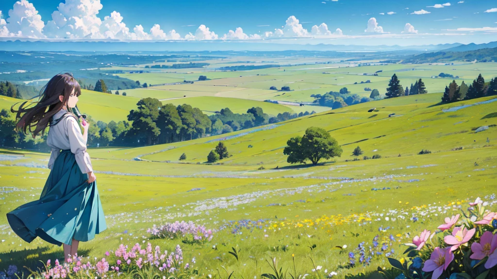 Refreshing grasslands, plateaus, trees swaying in the wind, refreshing blue skies, background only, flying dragons, beautiful flowers here and there