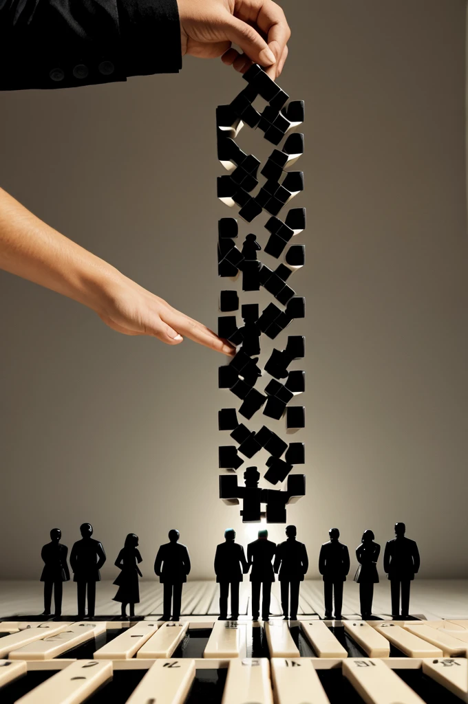 A domino effect visualization with human silhouettes instead of dominoes, each one helping the next person up.