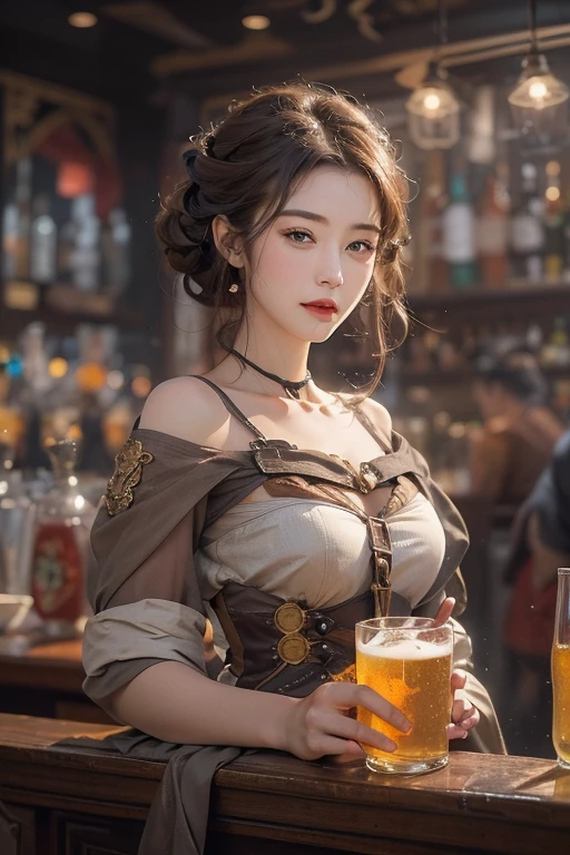 (masterpiece:1.3), (8K, Realistic, RAW Photos, Best image quality: 1.4), Japanese 、18-year-old,(Random Hairstyles:1.2)、Cleavage:1.2、Highly detailed face、Attention to detail、double eyelid、Chest to chest、Sharp focus:1.2、Beautiful woman:1.4、Light brown hair、Highest quality、masterpiece、Ultra-high resolution、(Realistic:1.4)、Highly detailed and professionally lit smiles、Loose fitting steampunk outfit、Shoulder out、thin、Serious expression、drinking beer at bar