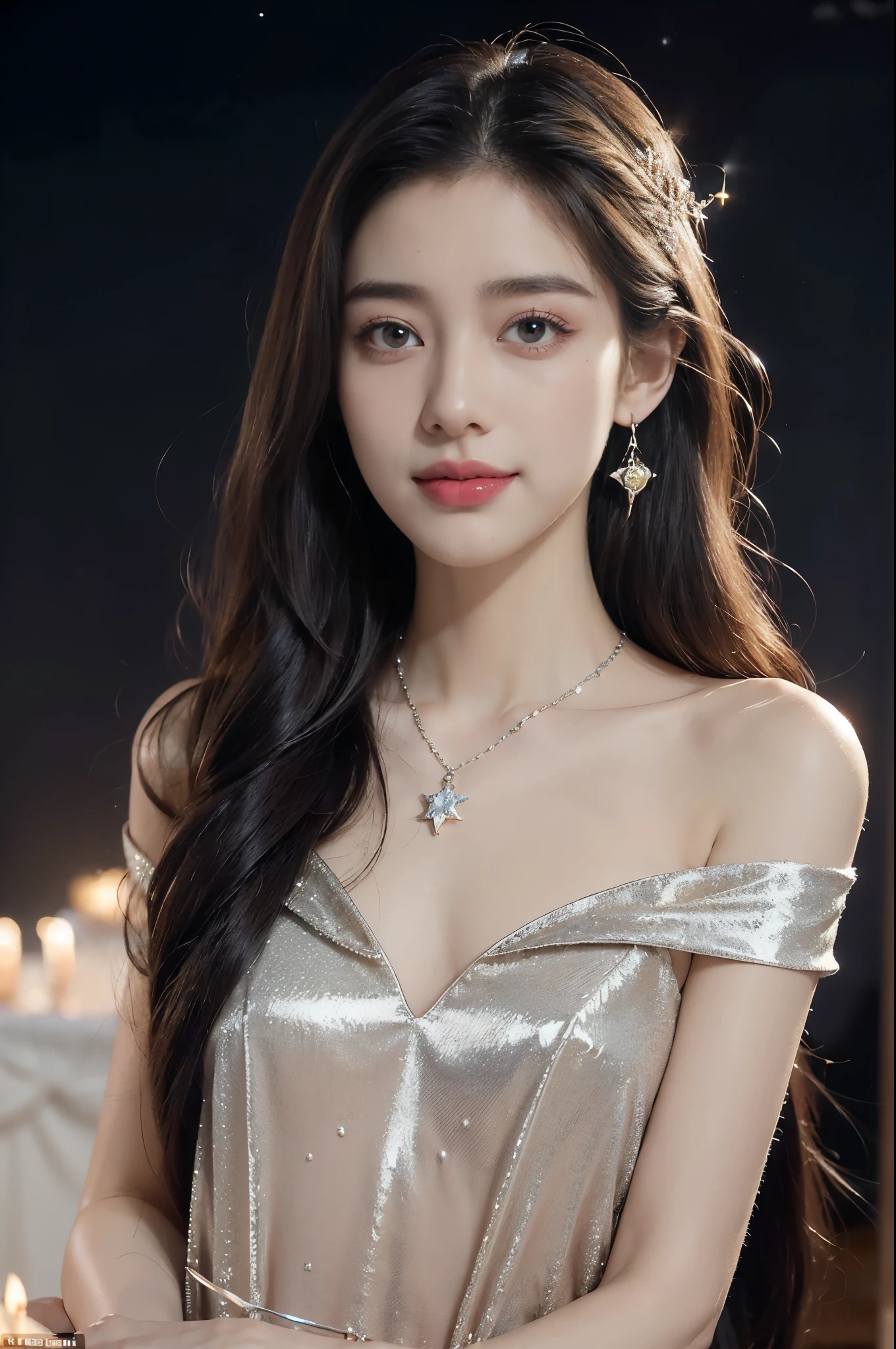 (((best quality))),(((ultra detailed))),(((masterpiece))),illustration,((A beautiful female astrologer,solo)),((slim,thin)),((small breasts,flat chest)),((shoulder length straight bob hair)),(laughing:1.2),(earrings,necklace),(sparkled sheer shirt-dress:1.3),standing beneath a magical summer night, stars twinkling in the velvety darkness,starry sky, sapphire eyes filled with wonder, flowing ethereal gown mimicking the stars, silver pendant shaped like a horoscope,serene smile and captivating gaze, celestial beauty and mystery, solace and inspiration in the vast expanse of the universe,((from front,upper body))