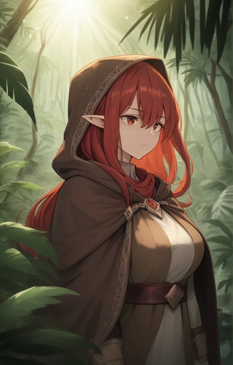half elf, mature woman, dnd, adventurer, brown cloak, elegant, long red hair, flat chest, hood on, hidden face, jungle , sun light