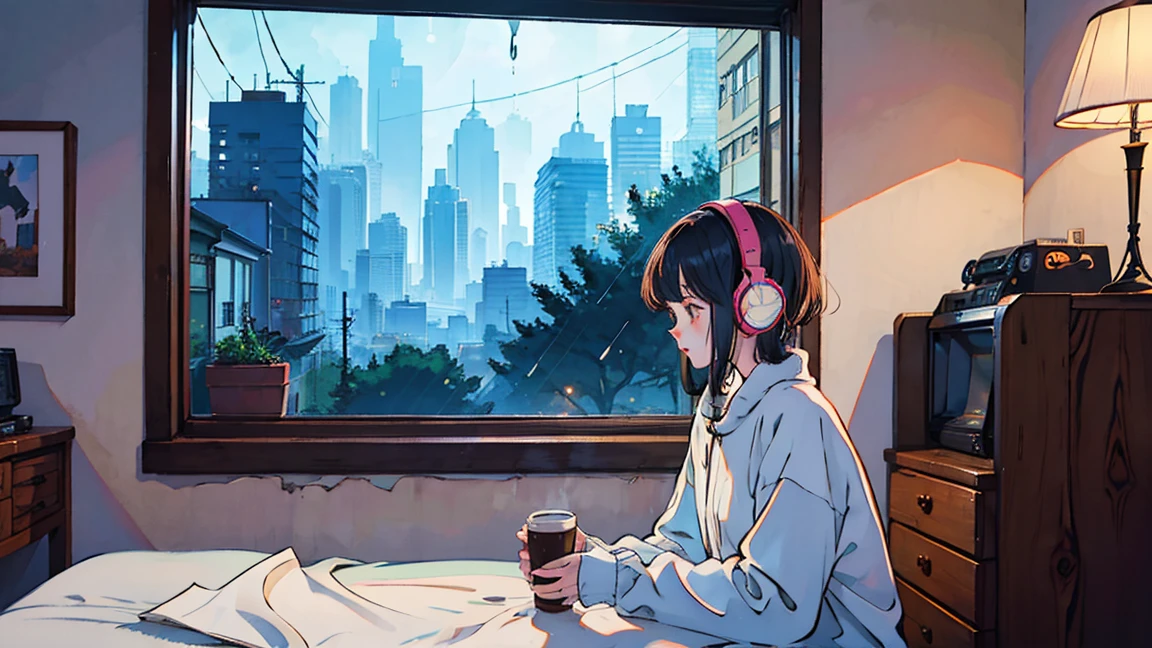 Lofi Song, Sitting on the bed. Looking out the window, Drink coffee. Listening to music through headphones, Looking out the window and seeing the rain falling