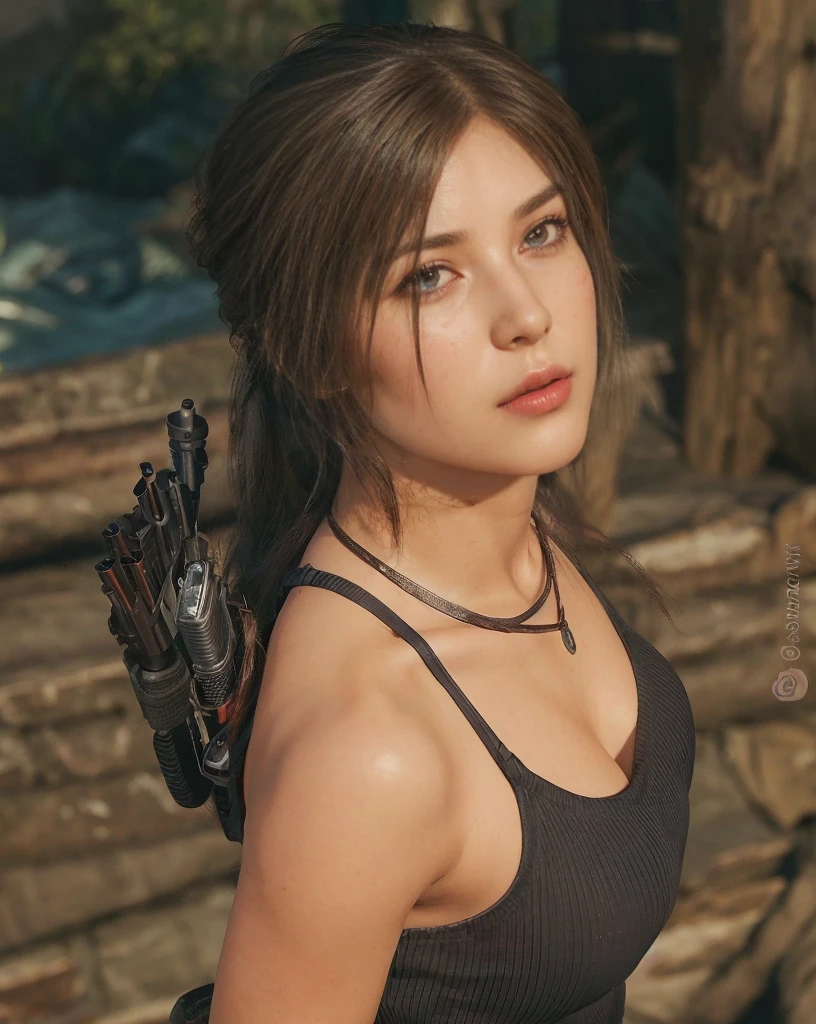 Lara Croft, brown eyes, (best quality, ultra-detailed), (realistic:1.37), beautiful and detailed face, ultra-realistic texture, delicate face, delicate body, red lipstick, bright colors. high definition, 8K, angy expression
