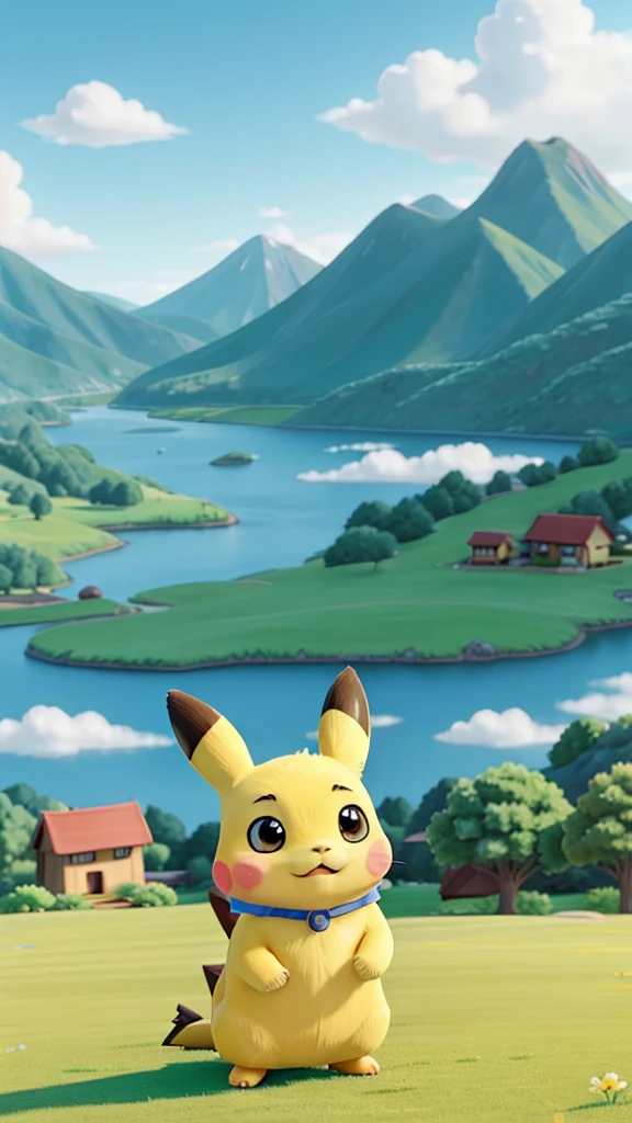 「Draw a cute Pikachu playing in the grass.。The background is blue sky and white clouds.、Mountains in the distance々You can see。Pikachu is jumping around happily。」