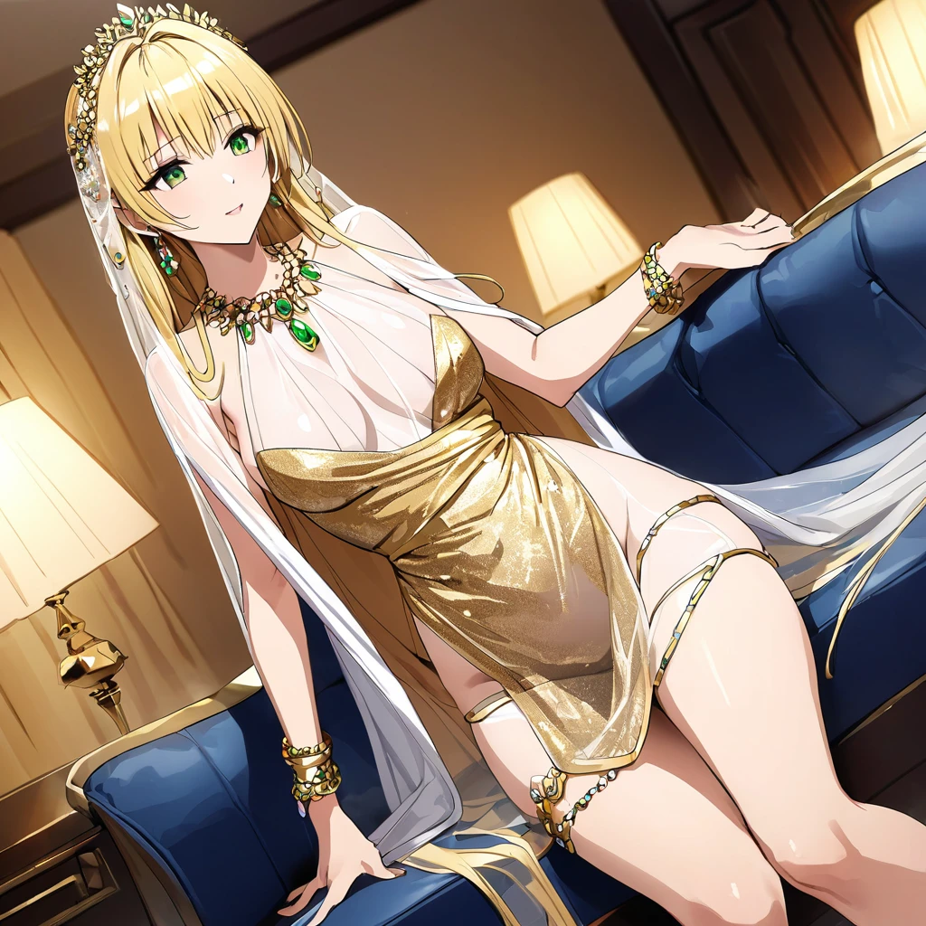 ((Highest quality)), ((masterpiece)), (detailed), (Perfect Face)、The woman was a tiare with green eyes and medium-long blonde hair, and was wearing a luxurious, shiny, gold-colored, long-slit see-through dress with gorgeous embroidery and trim, which allowed her skin to show through, a gold-colored see-through cape, and a gold-colored see-through veil. She was wearing a gorgeous jeweled hair accessory, a jeweled head dress chain, a jeweled waist chain, a gorgeous necklace, bracelets, ankle bracelets, jeweled earrings, and shiny gold boots. She was also wearing an engagement ring.、The woman is in a luxurious room.