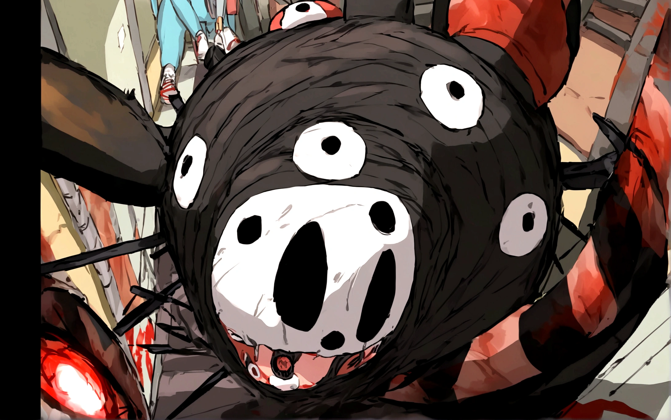 masterpiece,best quality,Full of smiling faces,Black all over,It's a spherical black monster.,The body is dripping down like asphalt,Has a big mouth that accounts for a large proportion of the body,There's a laser cannon barrel inside.