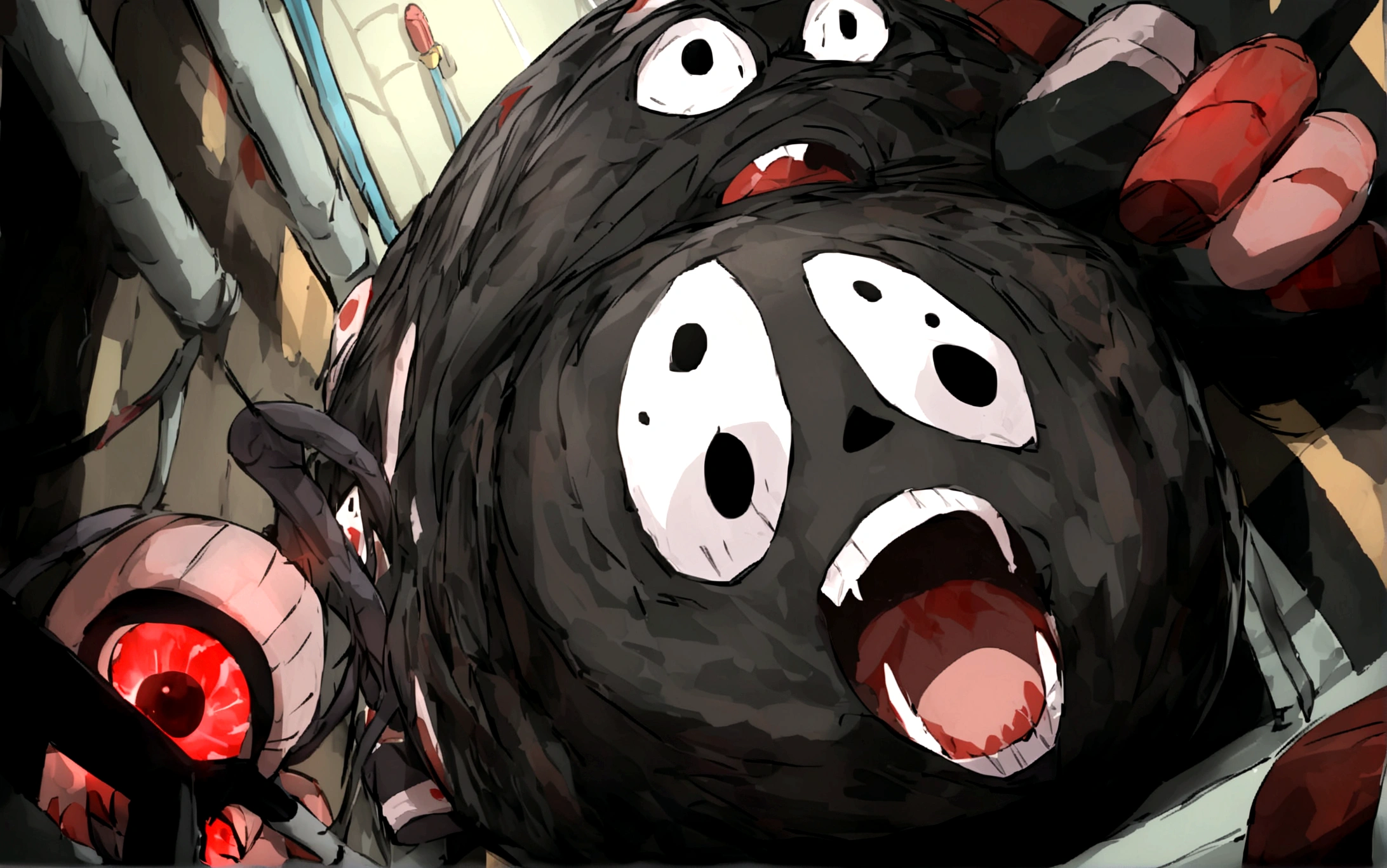 masterpiece,best quality,Full of smiling faces,Black all over,It's a spherical black monster.,The body is dripping down like asphalt,Has a big mouth that accounts for a large proportion of the body,There's a laser cannon barrel inside.