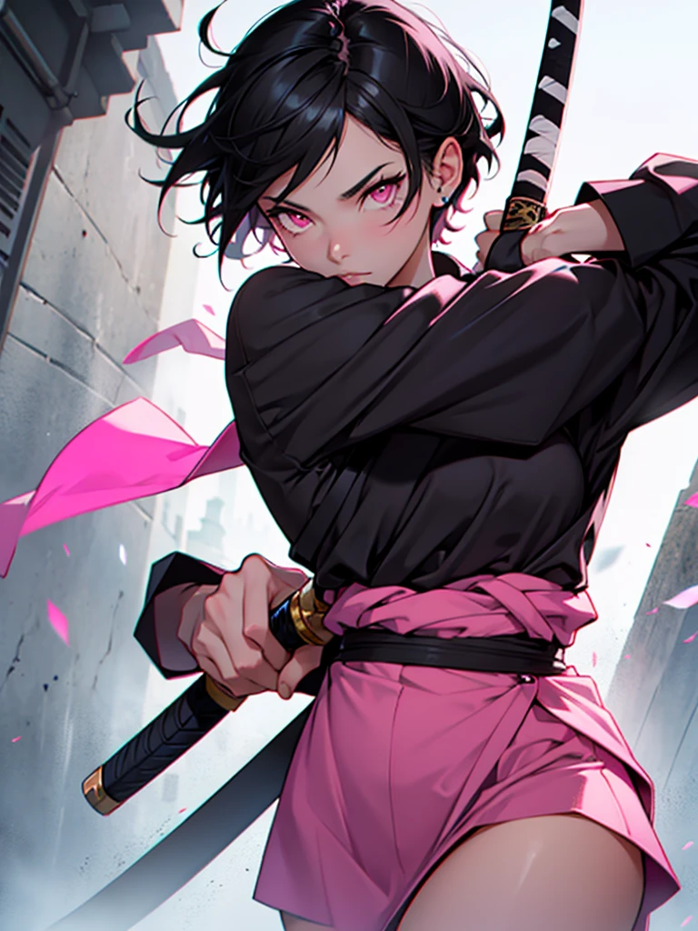 Girl; black hair; short hair; pink eyes; katana