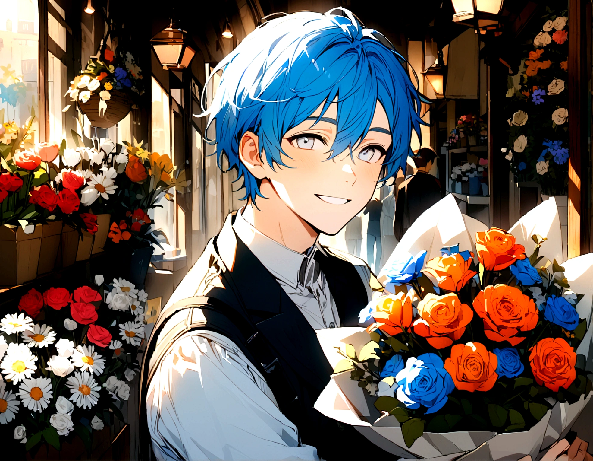 A young man, Blue hair color with light blue ends, smiling, Silver eye color, bouquet of flowers, flower shop