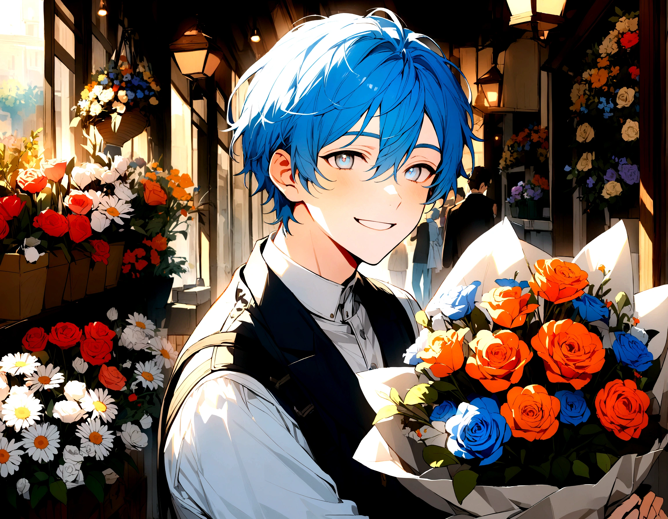 A young man, Blue hair color with light blue ends, smiling, Silver eye color, bouquet of flowers, flower shop