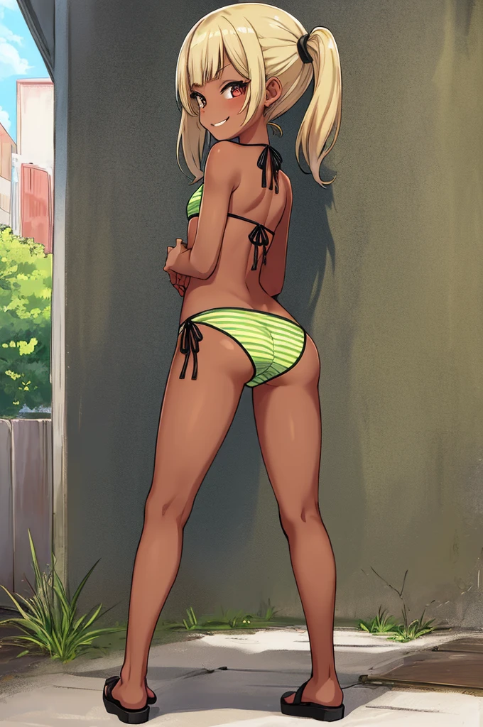 1girl,,tanned body,twintail,,outdoor,bikini,looking viewer,,,(Gyaru),ass,from back,standing,smirk