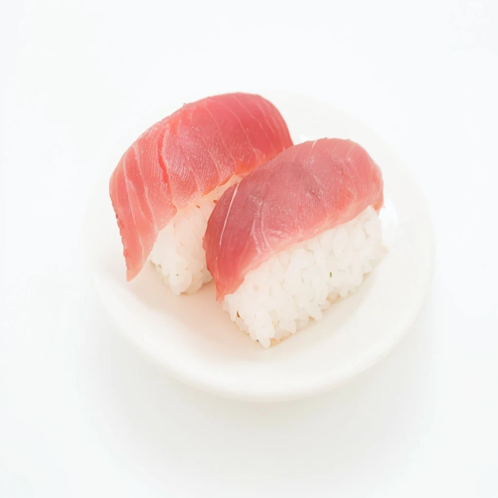 there are two pieces of sushi on a plate on a white table, style of shuzo oshimi, sushi, Momoshiki otsutsuki, eating sushi, Beasts, iwakura, Yoshiku, Hajime Katoki, Served on a plate, katsushika, Kintsukuroi, kantoku